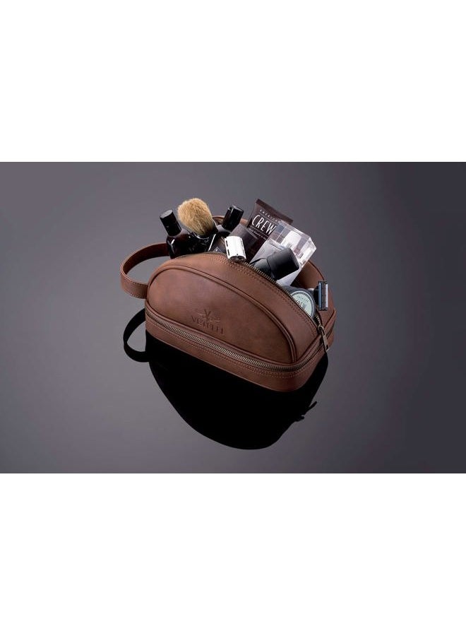 Vetelli Vetell Classic Leather Men's Travel Toiletry Bag and Dopp Kit with Upper and Lower Zippered Compartments, 2 Mesh Bottle Pouches and Carrying Handle - Image 3