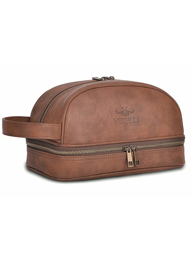 Vetelli Vetell Classic Leather Men's Travel Toiletry Bag and Dopp Kit with Upper and Lower Zippered Compartments, 2 Mesh Bottle Pouches and Carrying Handle - Image 1