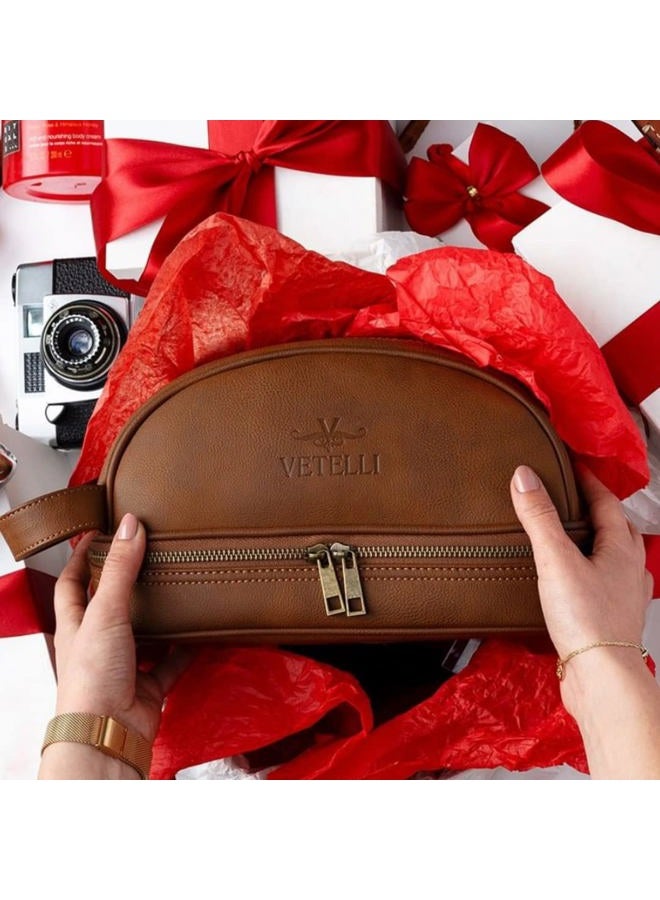 Vetelli Vetell Classic Leather Men's Travel Toiletry Bag and Dopp Kit with Upper and Lower Zippered Compartments, 2 Mesh Bottle Pouches and Carrying Handle - Image 2