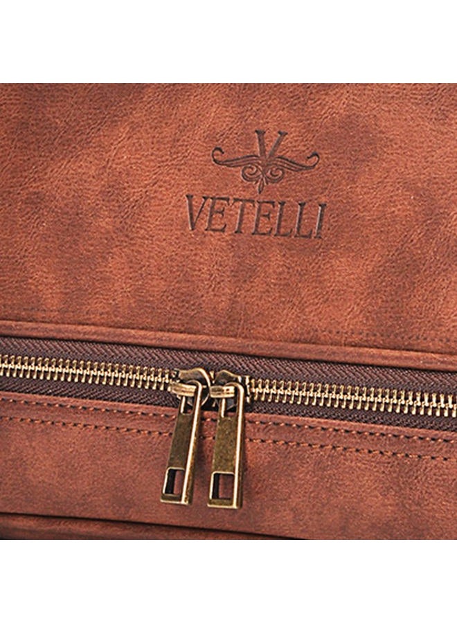 Vetelli Vetell Classic Leather Men's Travel Toiletry Bag and Dopp Kit with Upper and Lower Zippered Compartments, 2 Mesh Bottle Pouches and Carrying Handle - Image 4