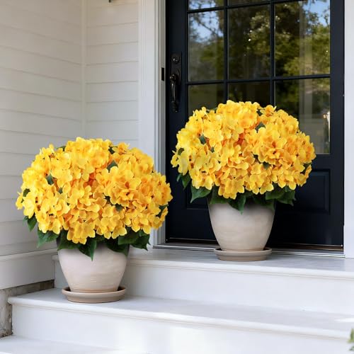 FOTEEWL Artificial Hydrangea Flower Topiary Trees - 2 Sets Faux Silk Flower Potted Plant, UV Resistant Fake Outdoor Hydrangea Bush for Front Door, Farmhouse,Garden, Porch Decor (Yellow) - Image 2