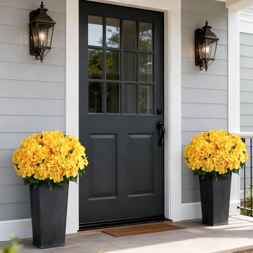 FOTEEWL Artificial Hydrangea Flower Topiary Trees - 2 Sets Faux Silk Flower Potted Plant, UV Resistant Fake Outdoor Hydrangea Bush for Front Door, Farmhouse,Garden, Porch Decor (Yellow) - Image 3