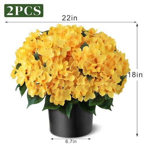 FOTEEWL Artificial Hydrangea Flower Topiary Trees - 2 Sets Faux Silk Flower Potted Plant, UV Resistant Fake Outdoor Hydrangea Bush for Front Door, Farmhouse,Garden, Porch Decor (Yellow) - Image 5