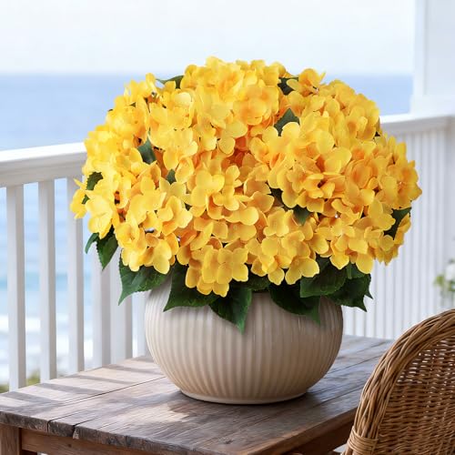 FOTEEWL Artificial Hydrangea Flower Topiary Trees - 2 Sets Faux Silk Flower Potted Plant, UV Resistant Fake Outdoor Hydrangea Bush for Front Door, Farmhouse,Garden, Porch Decor (Yellow) - Image 4