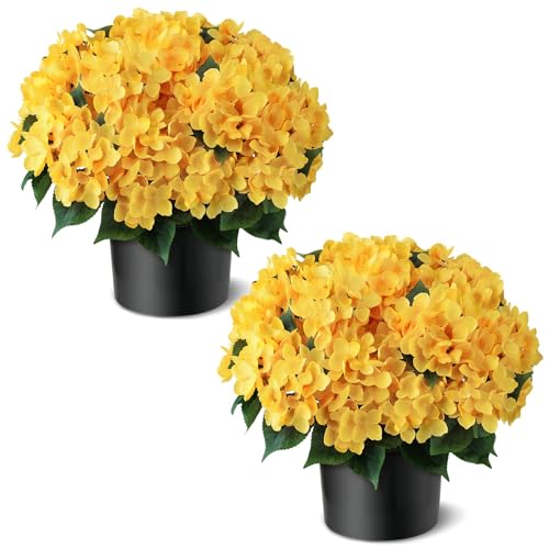 FOTEEWL Artificial Hydrangea Flower Topiary Trees - 2 Sets Faux Silk Flower Potted Plant, UV Resistant Fake Outdoor Hydrangea Bush for Front Door, Farmhouse,Garden, Porch Decor (Yellow) - Image 1