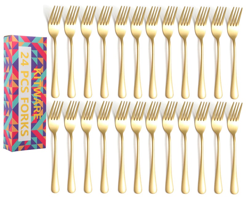24 Piece Gold Silverware Forks Food Grade Stainless Steel Flatware Golden Dinner Forks 8 Inch Metal Forks Cutlery for Home Kitchen Restaurant Travel Mirror Polished