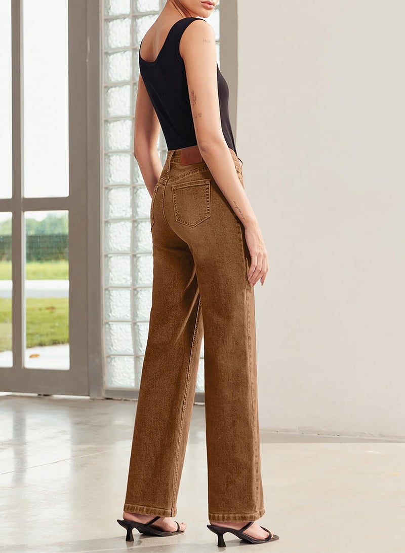 Sidefeel Women's Jeans High Waisted Stretchy Wide Leg Jeans Trendy Loose Fit Straight Leg Denim Pants Brown Size 10 - Image 4