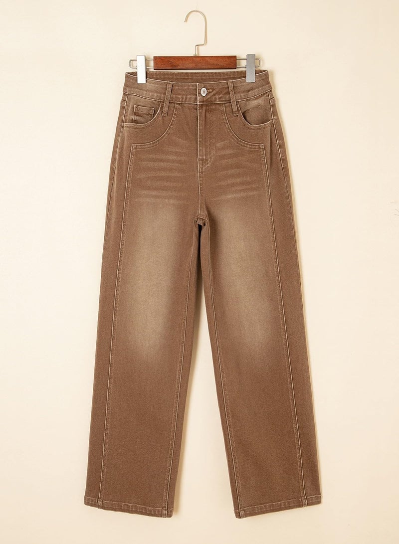 Sidefeel Women's Jeans High Waisted Stretchy Wide Leg Jeans Trendy Loose Fit Straight Leg Denim Pants Brown Size 10 - Image 5