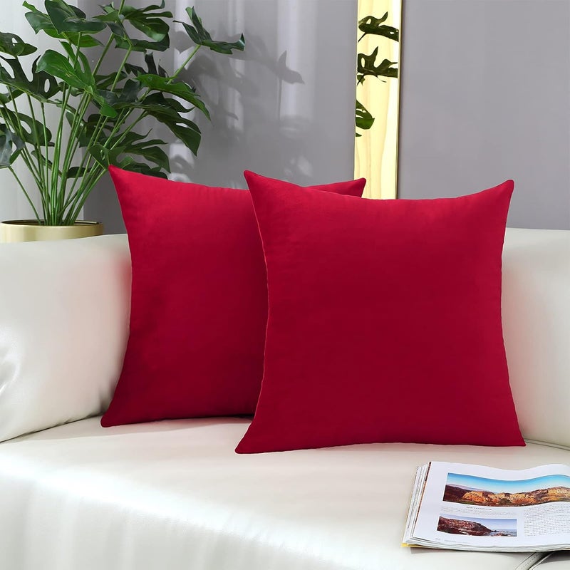 mixeoo Comfy Santa Red Throw Pillow Covers Decorative Square Solid Thick Velvet Super Soft Cushion Cases Home Decor for Sofa Couch Living Room Chair, Set of 2, 16 x 16 Inch - Image 1