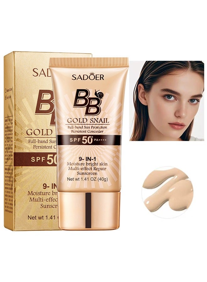سادور كريم الحلزون الذهبي BB مع عامل حماية من الشمس 50 ، كريم BB 9 في 1 واقي من الشمس SPF 50 مقاوم للماء ، مرطب ملون بتغطية كاملة للأساس ، خافي عيوب للوجه للبشرة الدهنية ، البشرة الجافة (لون طبيعي 40 جم) - Image 1