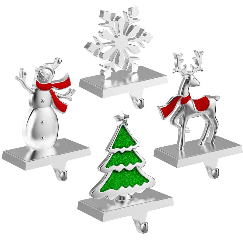 Ginbel Direct 4 Pack Christmas Stocking Holders for Mantle Stockings Hangers Set of 4 Snowflake Snowman Tree Deer Reindeer Heavy Weighted Hooks for Mantel Fireplace Windows Indoor Decorations Silver - Image 2