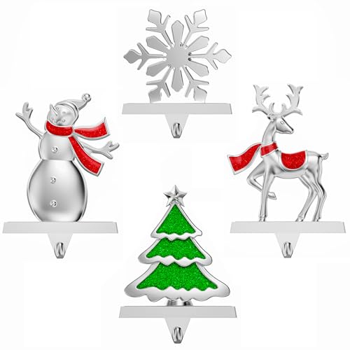 Ginbel Direct 4 Pack Christmas Stocking Holders for Mantle Stockings Hangers Set of 4 Snowflake Snowman Tree Deer Reindeer Heavy Weighted Hooks for Mantel Fireplace Windows Indoor Decorations Silver - Image 3