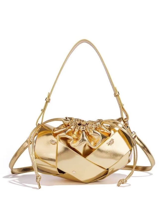 Gold Metallic Drawstring Handbag with Shoulder Strap, 26 cm - Image 1