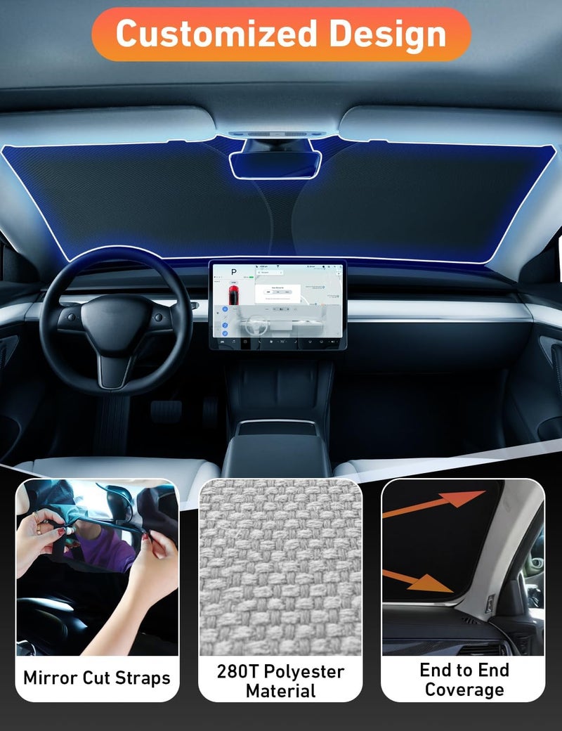 EcoNour Windshield Sunshade for Car | 240T Polyester Shield for Tesla Model 3 Sunshade | Superior UV & Heat Protection Model Y Sunshade | Car Interior Accessories for Summer - Image 3