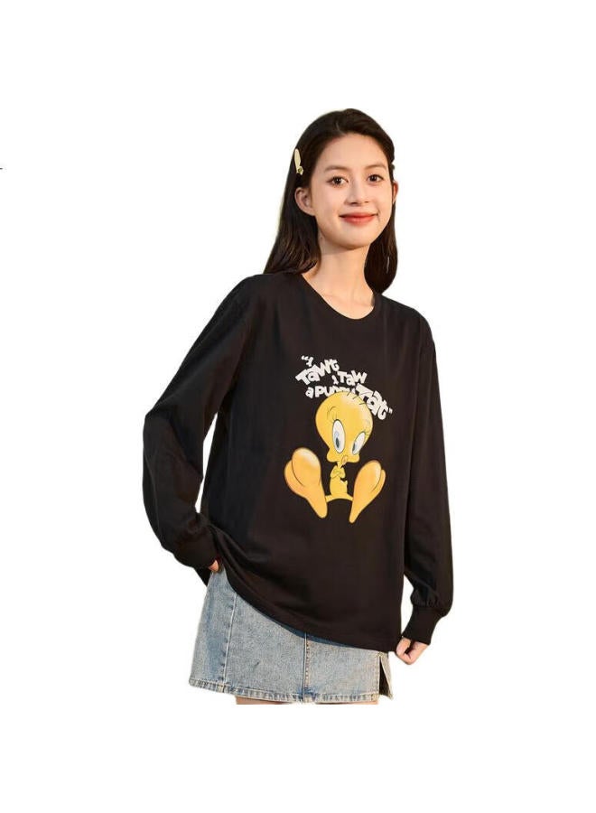 TonLion Long-Sleeve T-Shirt For Women, Casual College Style Base Layer Top, Inner Wear [Tubaguo Collaboration], Black, M - Image 1