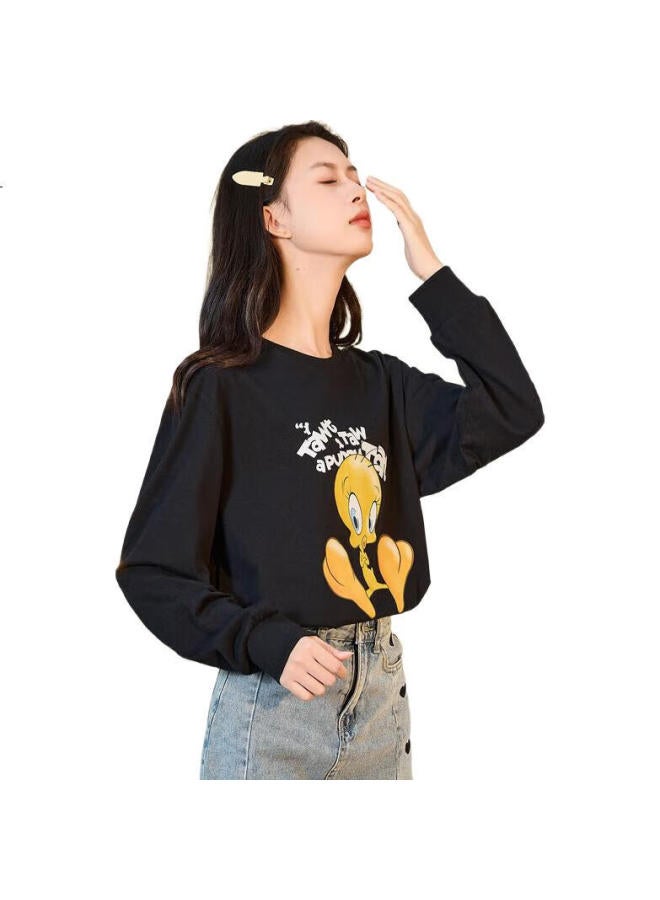 TonLion Long-Sleeve T-Shirt For Women, Casual College Style Base Layer Top, Inner Wear [Tubaguo Collaboration], Black, M - Image 2