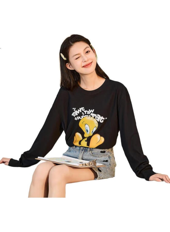 TonLion Long-Sleeve T-Shirt For Women, Casual College Style Base Layer Top, Inner Wear [Tubaguo Collaboration], Black, M - Image 3