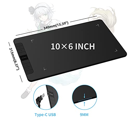 VEIKK VK1060 Drawing Tablet, 10 x 6" /25.4 x15.2cm Graphics Pen Tablet with 8 Shortcut Keys, 8192 Levels Battery Free Pen Supports Tilt Function, Work for Digital Art Drawing, Animation, Design, Black - Image 2