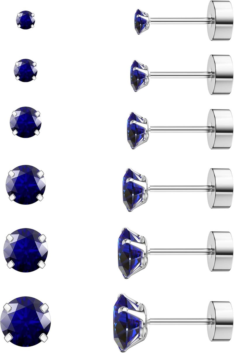 WSSXC 6 Pairs Hypoallergenic Cubic Zirconia Earrings Surgical Steel Flat Back Studs for Cartilage, Screw Back Fashion Jewelry - Image 1