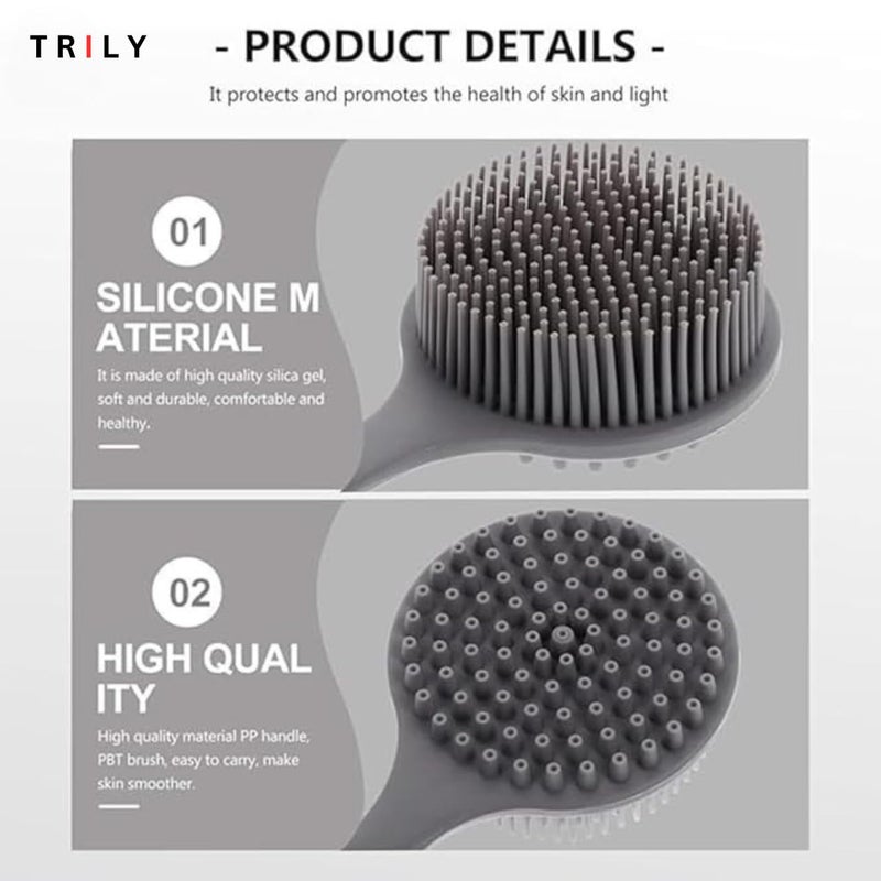 TRILY Soft Silicone Back Scrubber Shower Bath Body Brush with Long Handle, BPA-Free, Hypoallergenic, Eco-Friendly (MULTICOLOR) (Silicone Bath Brush pack of 1) - Image 3