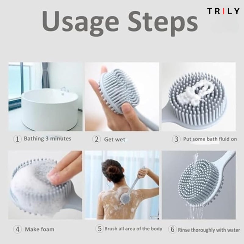 TRILY Soft Silicone Back Scrubber Shower Bath Body Brush with Long Handle, BPA-Free, Hypoallergenic, Eco-Friendly (MULTICOLOR) (Silicone Bath Brush pack of 1) - Image 5