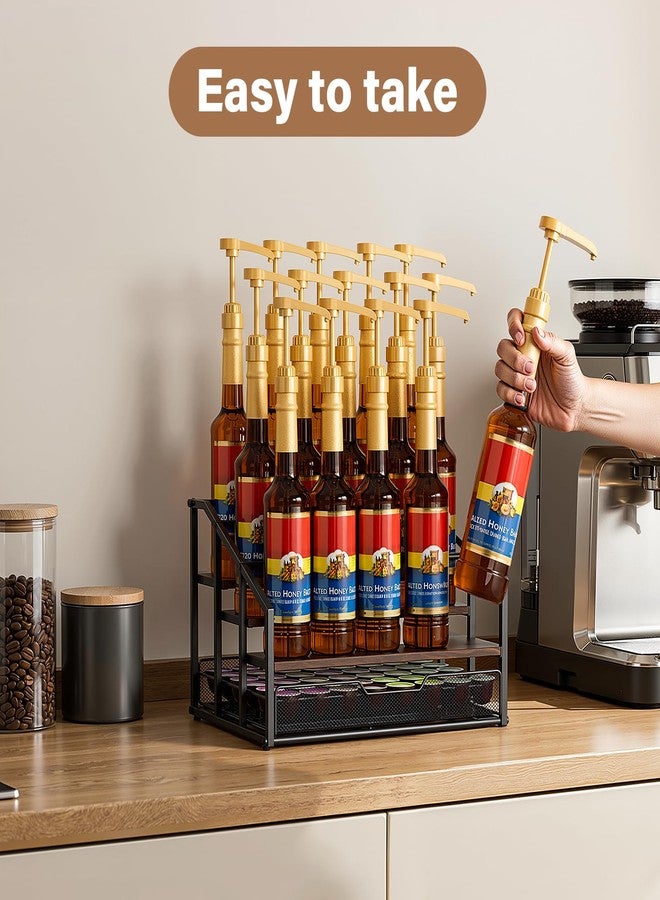 kimilus Coffee Syrup Rack Organizer, 4-Tier 12 Bottle Syrup Rack with 35 K Cup Drawer for Coffee Bar, Countertop Bottle Holder Stand for Dressing for Kitchen Cafe Station - Image 2