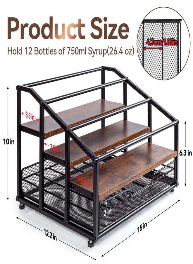 kimilus Coffee Syrup Rack Organizer, 4-Tier 12 Bottle Syrup Rack with 35 K Cup Drawer for Coffee Bar, Countertop Bottle Holder Stand for Dressing for Kitchen Cafe Station - Image 3