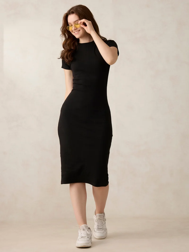 OUTZIDR Black Crew Neck Bodycon T-Shirt Dress