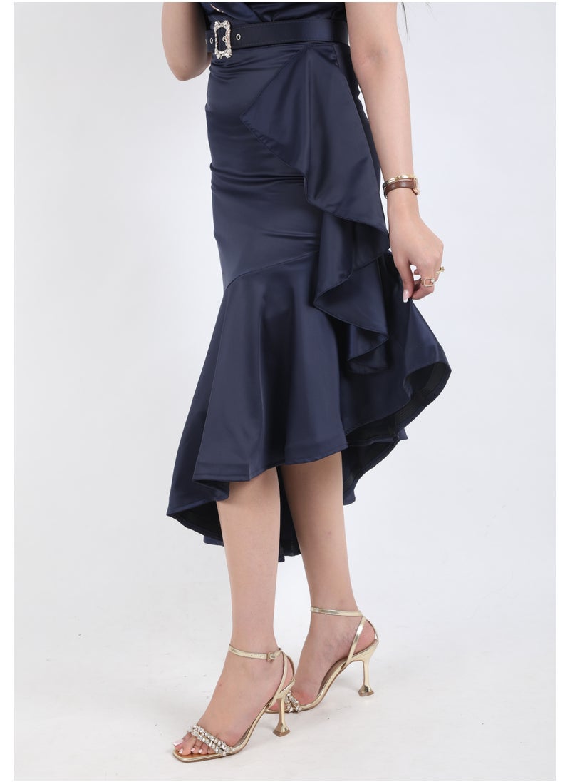 FULL JOY Satin Dress with text Sleeves and  a belt decorated with crystals ,Navy  - Image 4