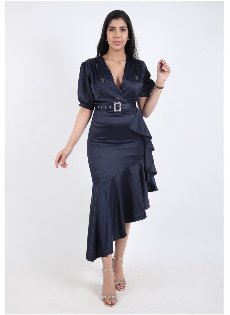 FULL JOY Satin Dress with text Sleeves and  a belt decorated with crystals ,Navy  - Image 1