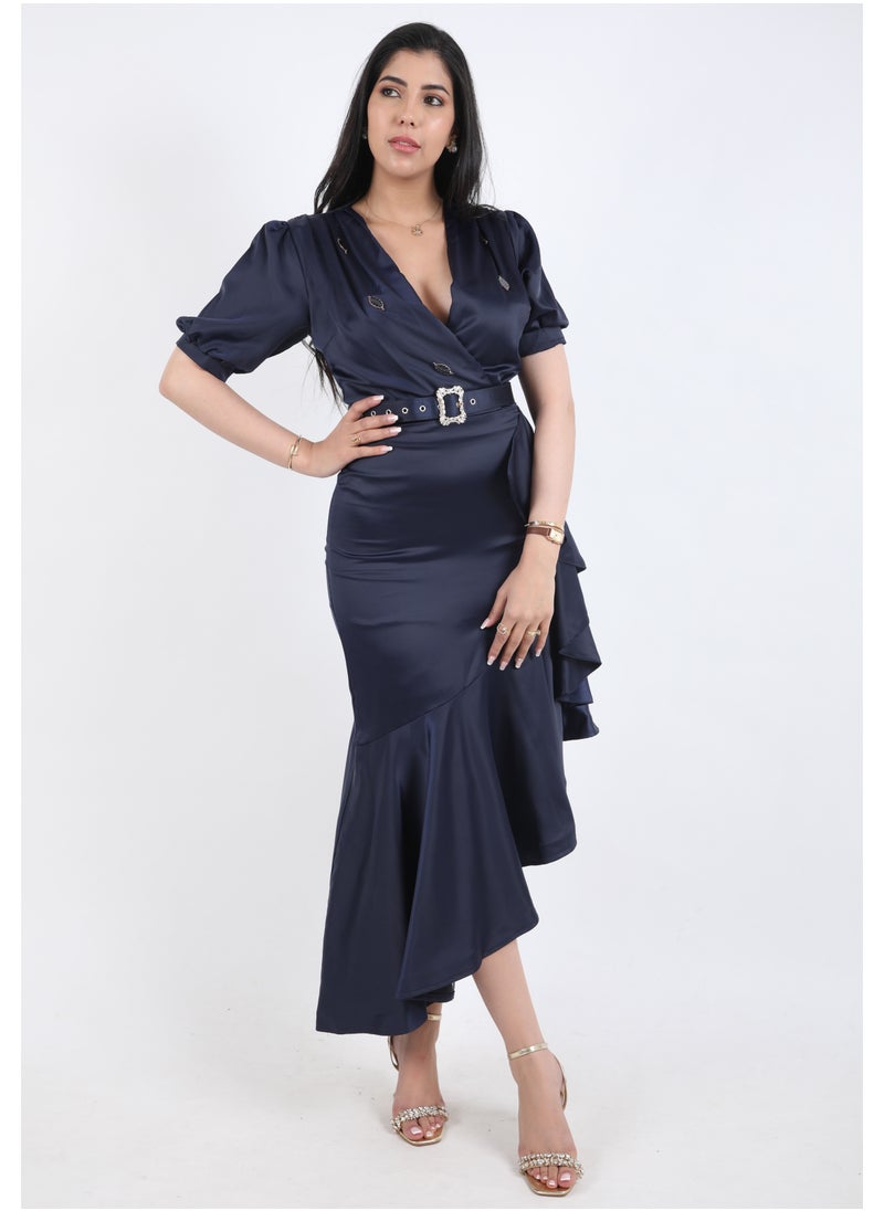 FULL JOY Satin Dress with text Sleeves and  a belt decorated with crystals ,Navy  - Image 2