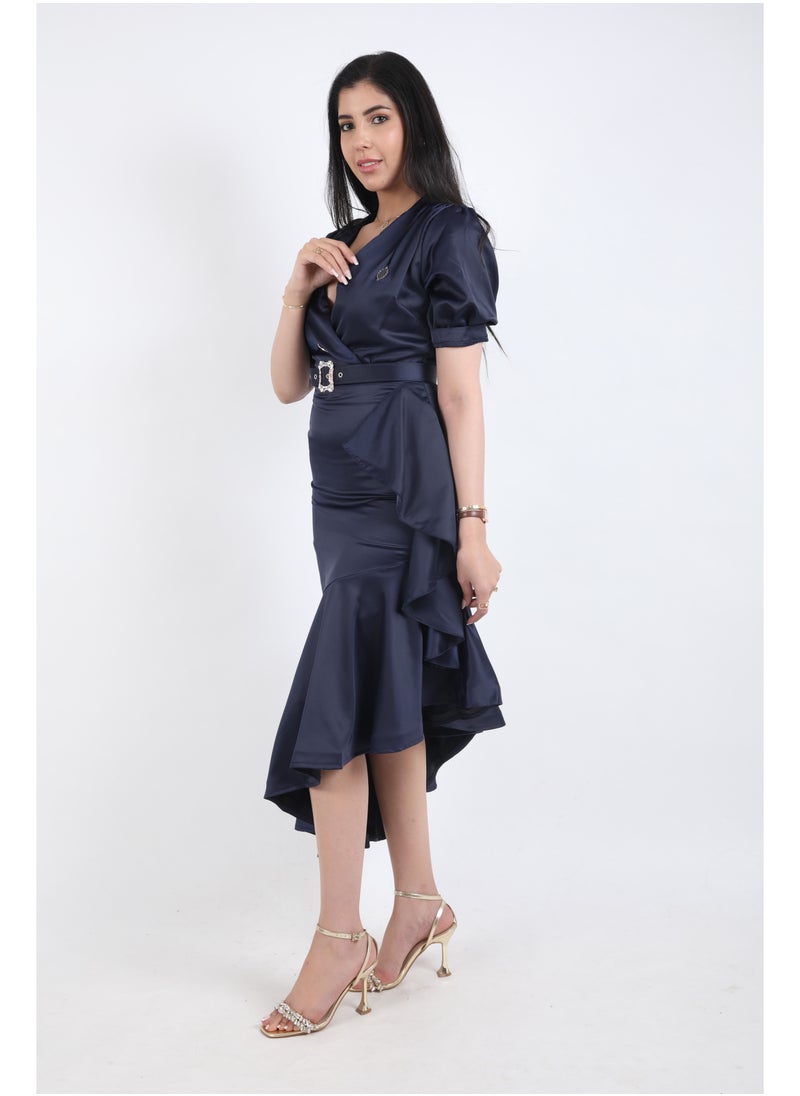 FULL JOY Satin Dress with text Sleeves and  a belt decorated with crystals ,Navy  - Image 5