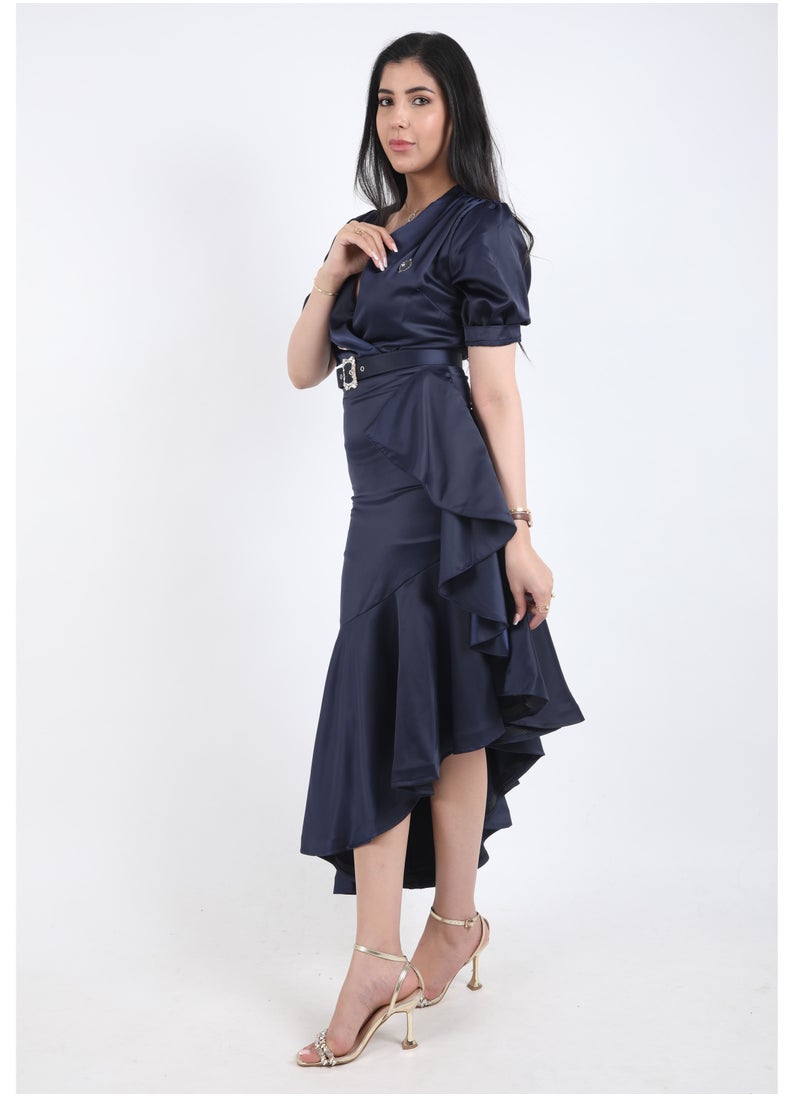 FULL JOY Satin Dress with text Sleeves and  a belt decorated with crystals ,Navy  - Image 3
