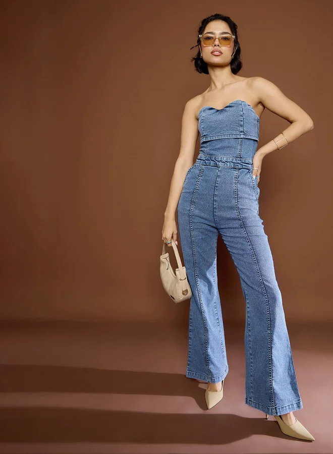 SASSAFRAS Blue Bardot Neck Denim Flared Jumpsuit