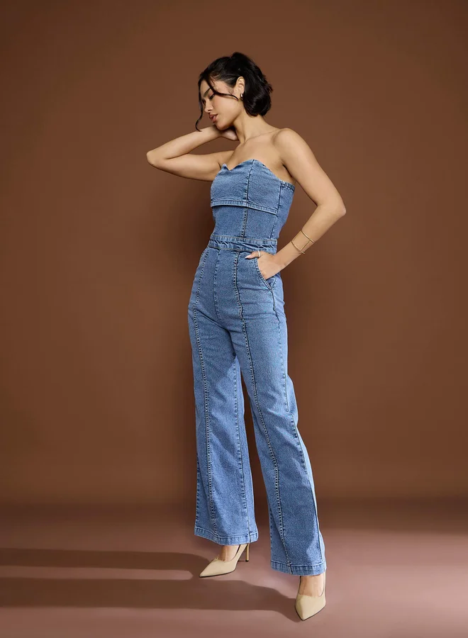 SASSAFRAS Blue Bardot Neck Denim Flared Jumpsuit