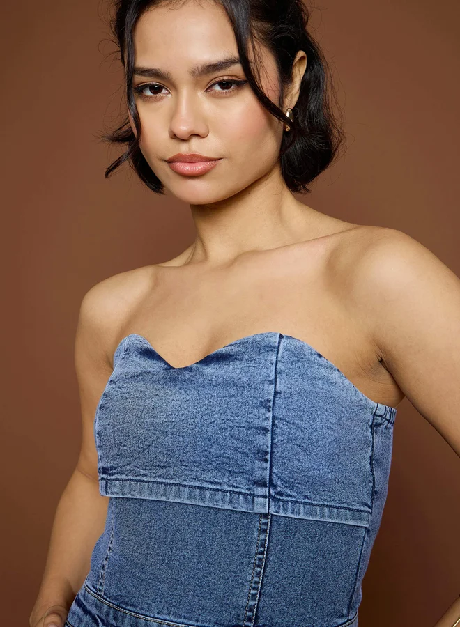 SASSAFRAS Blue Bardot Neck Denim Flared Jumpsuit