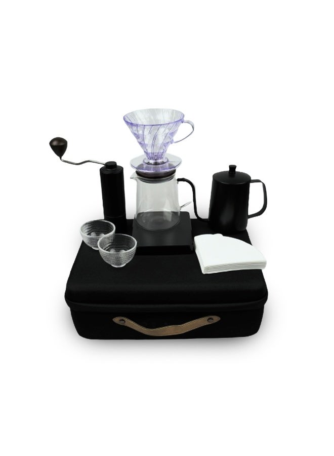 V60 Coffee Maker Set – 600ml Pour-Over Kit with Manual Grinder, Digital Scale, Gooseneck Kettle, Acrylic V60 Dripper, Glass Server, 2 Cups, 100 Filters & Travel Box – Portable Specialty Coffee Kit  - Image 1