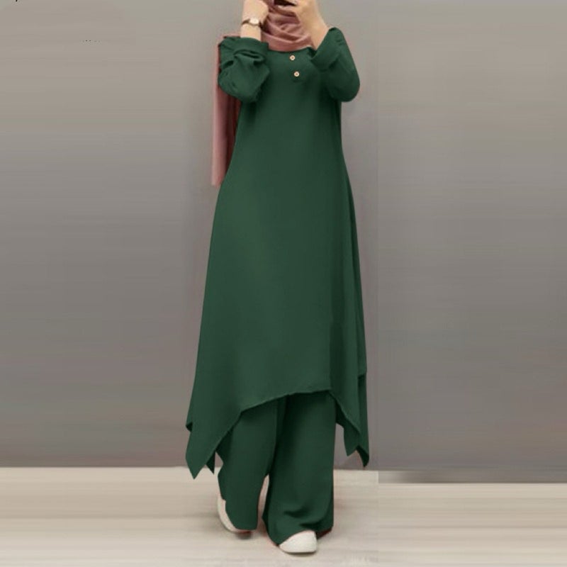 2024 Casual Solid Round Neck Muslim Set black  - Image 4