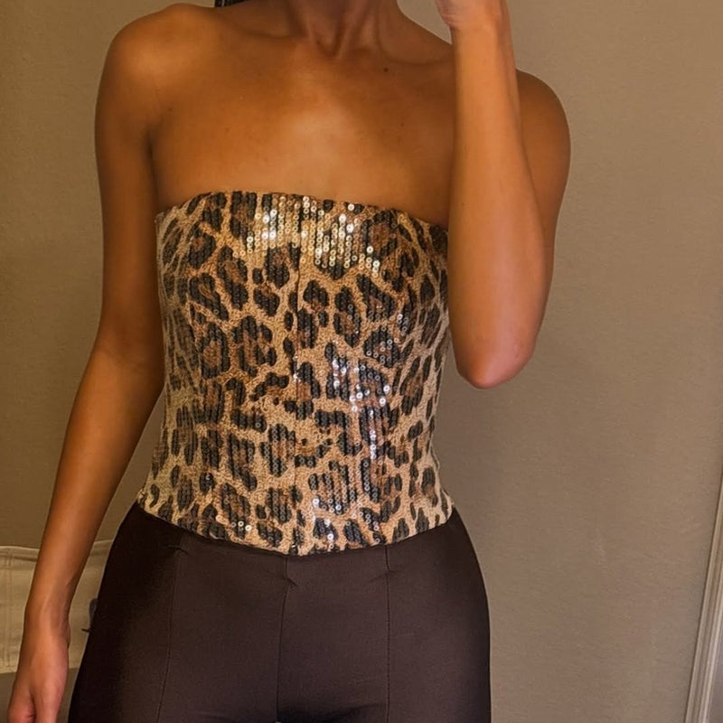 Women's Leopard Sequin Strapless Crop Top - Image 1