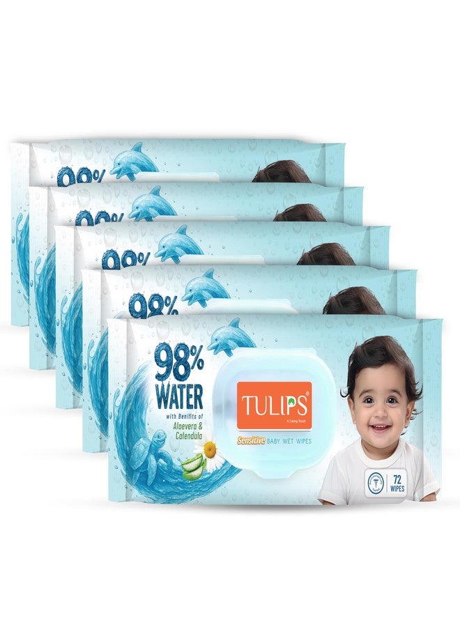 TULIPS Tulips 98% Water Baby Wet Wipes with Aloe Vera & Calendula | Gentle, Thick & Soft | Alcohol-Free, Paraben-Free | Safe for Newborn & Sensitive Skin | Lid Pack I 72 Wipes (Pack of 5) - Image 1