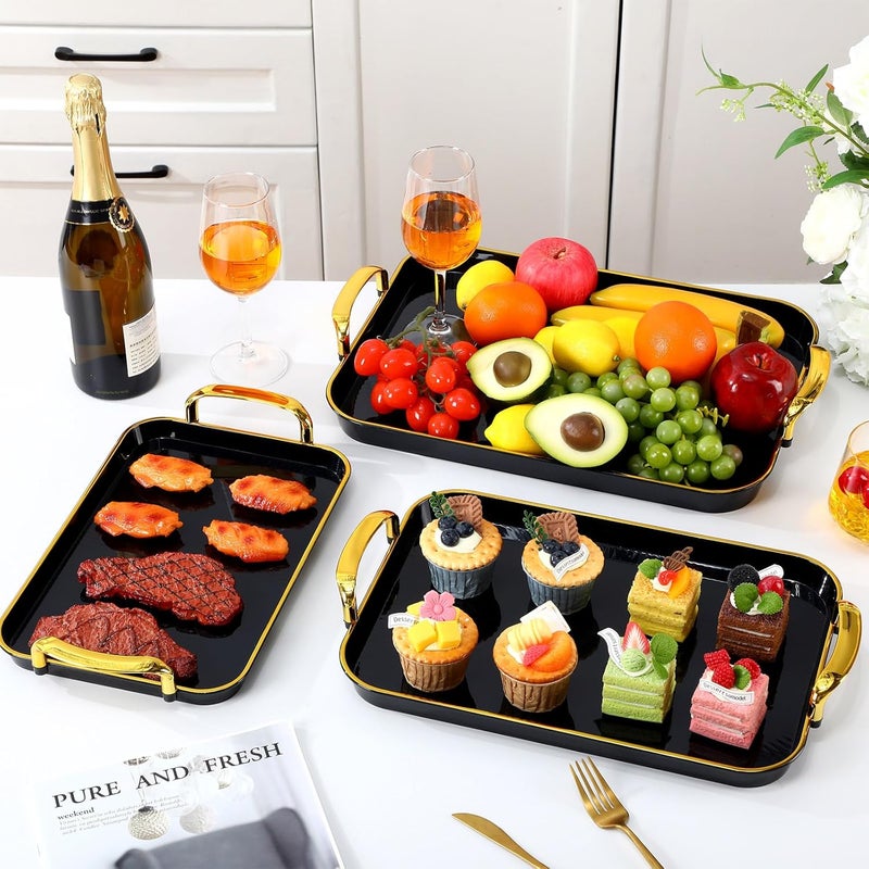 Rtteri طقم Rtteri من 6 صواني تقديم مع مقابض 1831673148 بوصة صينية تقديم مستطيلة كبيرة قابلة لإعادة الاستخدام للحفلات وعشاء الزفاف ديكور بمقابض ذهبية سوداء - Image 4