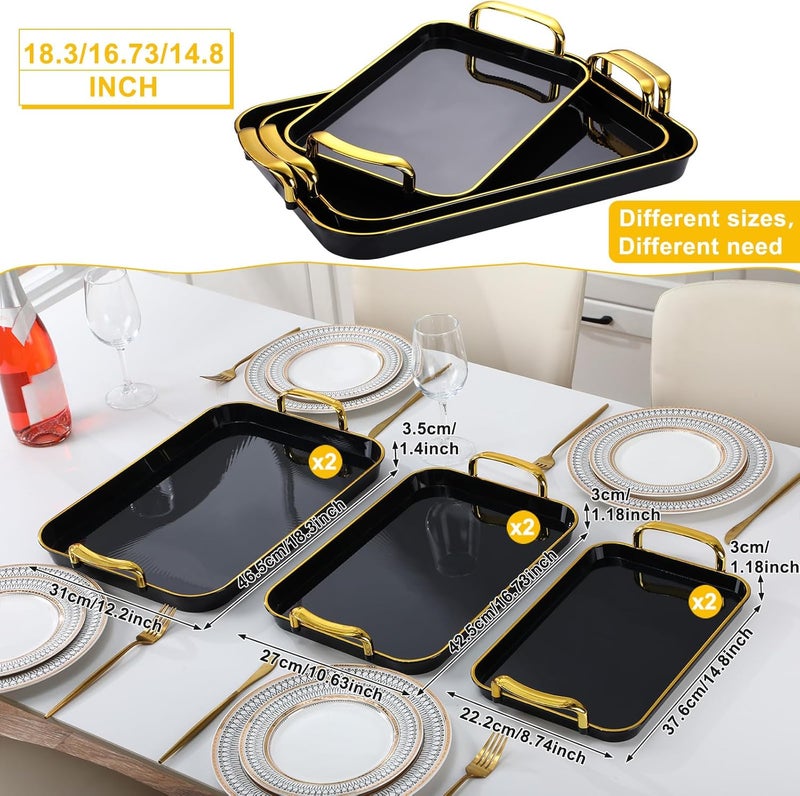 Rtteri طقم Rtteri من 6 صواني تقديم مع مقابض 1831673148 بوصة صينية تقديم مستطيلة كبيرة قابلة لإعادة الاستخدام للحفلات وعشاء الزفاف ديكور بمقابض ذهبية سوداء - Image 2