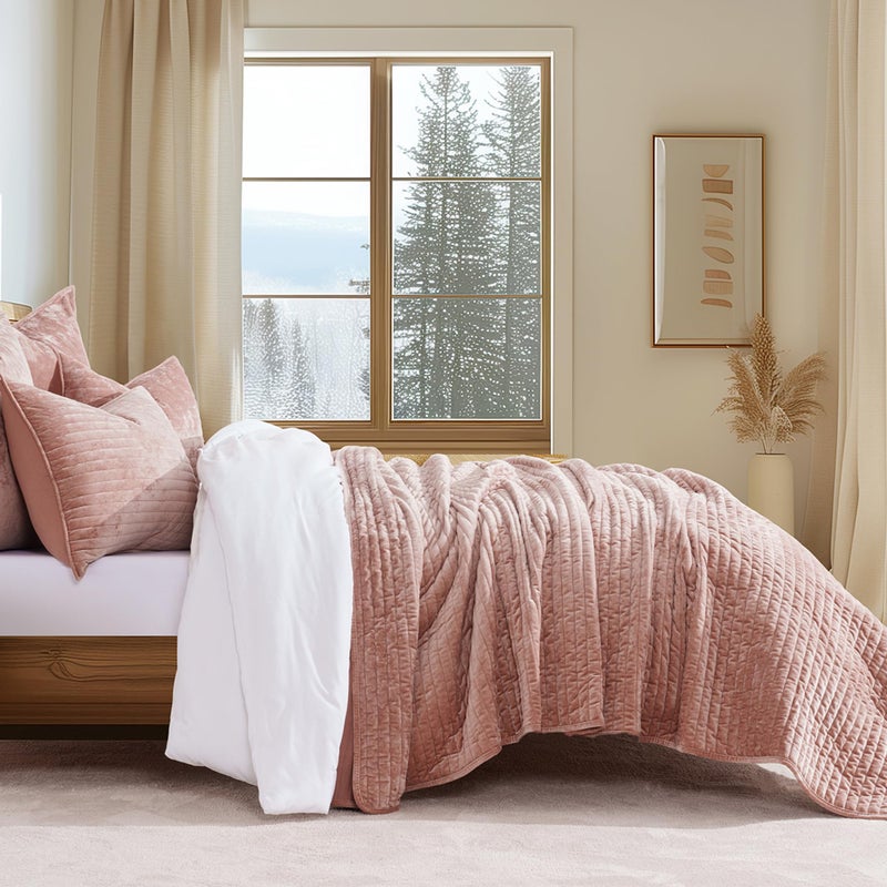 EVERGRACE Velvet Quilt Set Queen Size, Luxurious Soft Striped Channel Bedding Set, Lightweight Velvet Comforter for All Season, Oversized Bedspread Coverlet with 2 Matching Shams, Pink Clay - Image 2