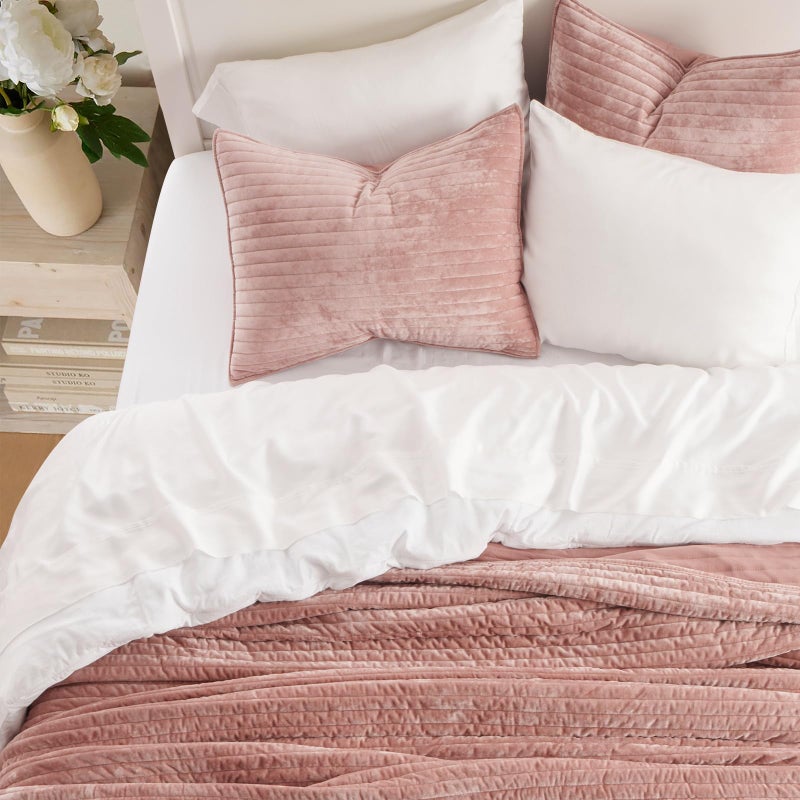 EVERGRACE Velvet Quilt Set Queen Size, Luxurious Soft Striped Channel Bedding Set, Lightweight Velvet Comforter for All Season, Oversized Bedspread Coverlet with 2 Matching Shams, Pink Clay - Image 3
