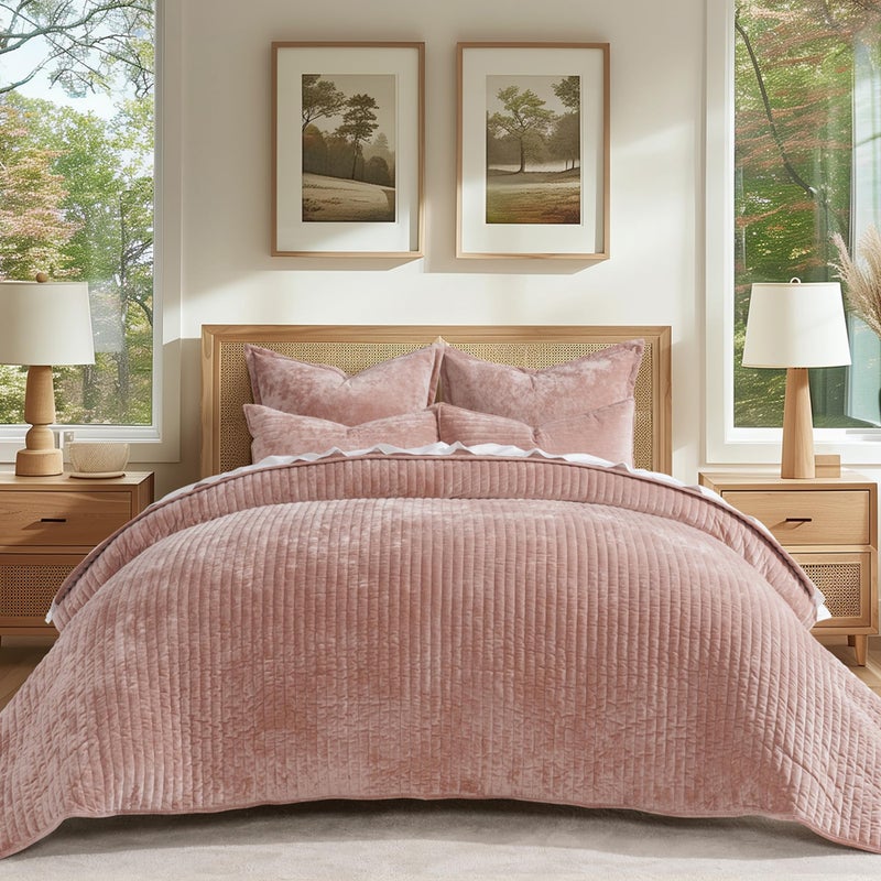 EVERGRACE Velvet Quilt Set Queen Size, Luxurious Soft Striped Channel Bedding Set, Lightweight Velvet Comforter for All Season, Oversized Bedspread Coverlet with 2 Matching Shams, Pink Clay - Image 1