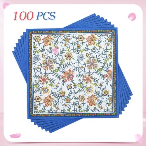 Jutom 100 Pcs Blue Floral Cocktail Napkins Disposable Floral Napkins Decorative Paper Napkins for Decoupage for Bathroom Wedding Birthday Bridal Baby Shower Dinner Tea Party 10 x 10 Inches - Image 5