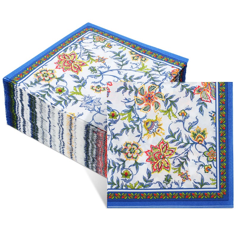 Jutom 100 Pcs Blue Floral Cocktail Napkins Disposable Floral Napkins Decorative Paper Napkins for Decoupage for Bathroom Wedding Birthday Bridal Baby Shower Dinner Tea Party 10 x 10 Inches - Image 3