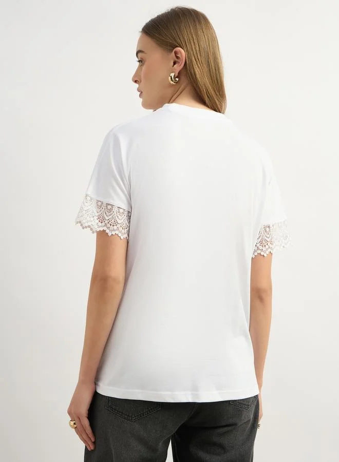 Styli Lace Insert Round Neck Boxy Fit T-Shirt