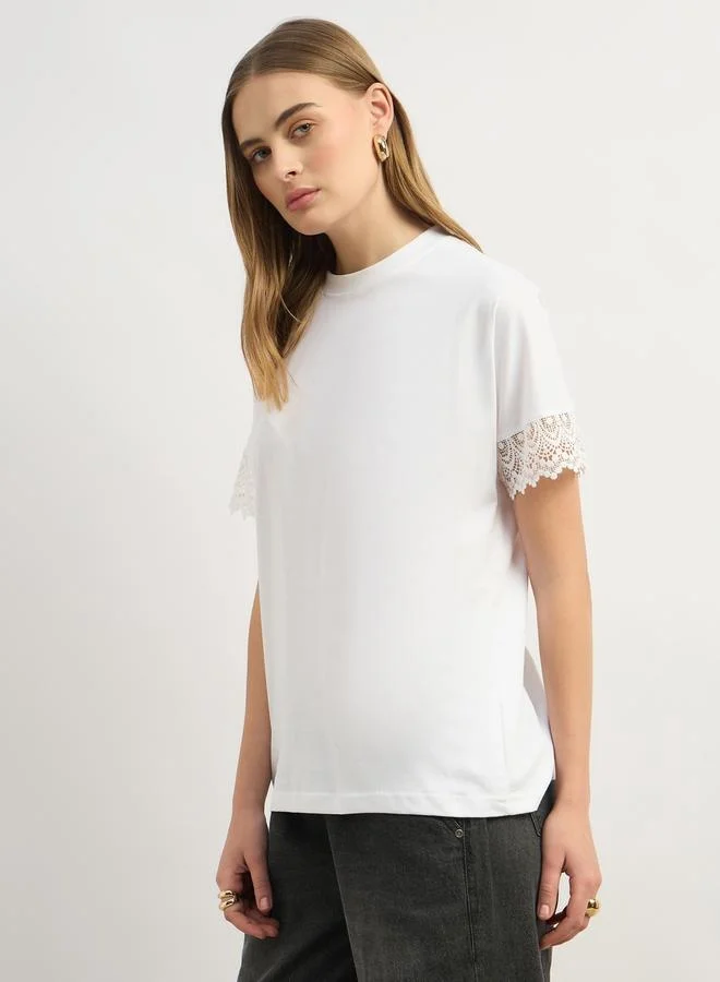 Styli Lace Insert Round Neck Boxy Fit T-Shirt
