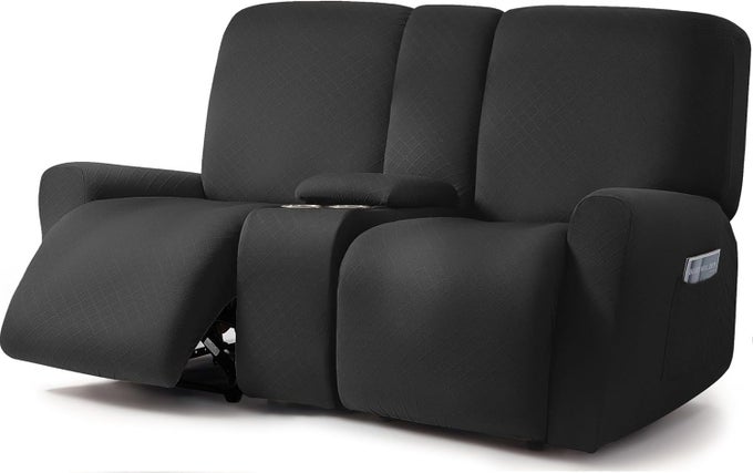SQUARED JACQUARD DESIGN RECLINING LOVESEAT WITH MIDDLE CONSOLE SLIPCOVER 8PIECE STRETCH SOFA COVERS 2 SEAT LOVESEAT RECLINER COVER LOVESEAT WITH CONSOLE RECLINER COVER DARK GREY